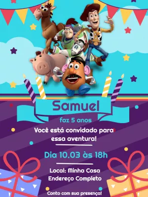 Convite Aniversário Toy Story com Personagens para Editar Online