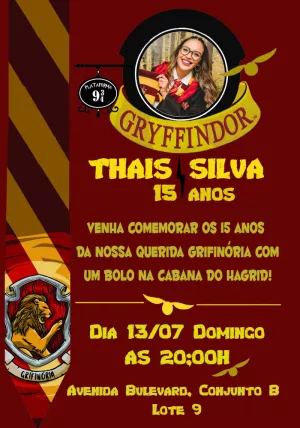 Convite Aniversário Harry Potter Grifinória com Foto para Editar