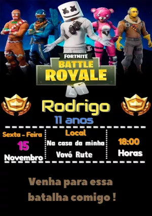 Convite Aniversário Fortnite com Personagens para Editar Online
