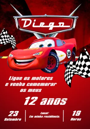 Convite de Aniversário Carros Relâmpago McQueen para Editar