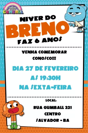 Convite Aniversário Mundo de Gumball para Editar Online