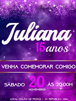 Convite 15 Anos Roxo com Glitter para Editar Online