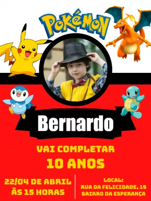 Convite de Aniversário Pokémon com Foto para Editar Online