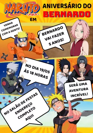 Convite de Aniversário Naruto com Personagens para Editar