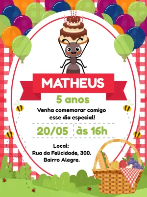 Convite de Aniversário Piquenique com Formiga para Editar Online