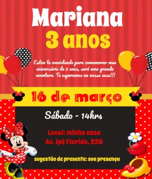 Convite de Aniversário Minnie Mouse Vermelha para Editar