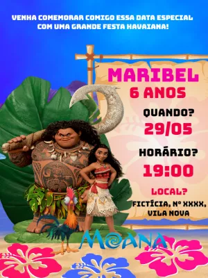 Convite de Aniversário Moana com Personagens para Editar