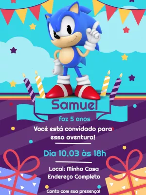 Convite de Aniversário Sonic Editável Online para Festa Infantil