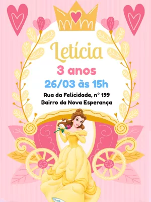 Convite Aniversário Princesa Bela para Editar Online