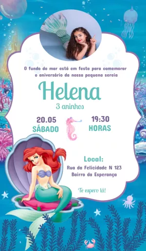 Convite Aniversário A Pequena Sereia com Foto para Editar