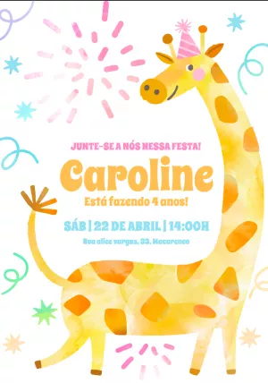 Convite de Aniversário Girafa Aquarela para Editar Online