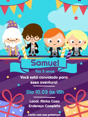 Convite Aniversário Harry Potter com Personagens para Editar Online