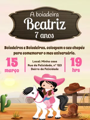Convite Aniversário Boiadeira Country para Editar Online