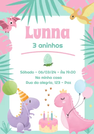 Convite Aniversário Dinossauro Menina Aquarela para Editar Online