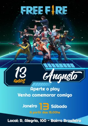 Convite Aniversário Free Fire com Personagens para Editar Online