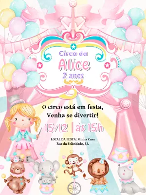 Convite Aniversário Circo Rosa com Palhacinha para Editar Online