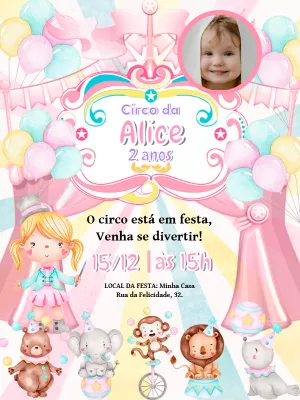 Convite Aniversário Circo Palhacinha com Foto para Editar