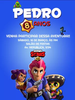 Convite Aniversário Brawl Stars com Personagens para Editar Online