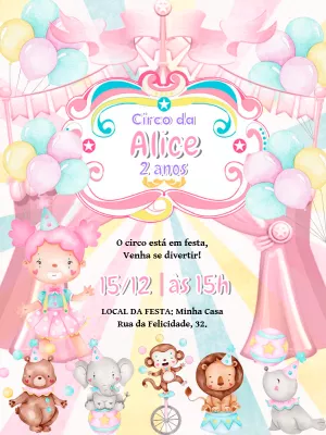 Convite Aniversário Circo Rosa com Palhacinha para Editar Online