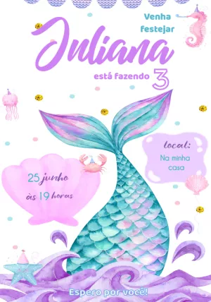 Convite Aniversário Sereia para Editar Online