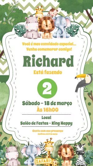 Convite de Aniversário Safari com Animais para Editar Online