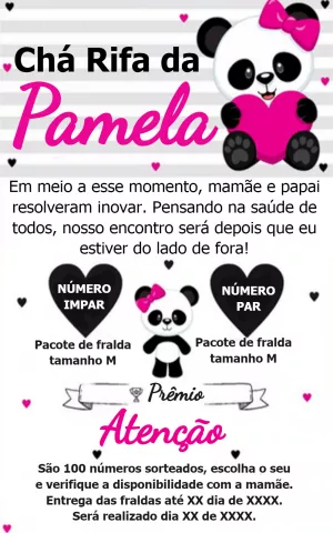 Convite Chá Rifa Panda Menina para Editar Online