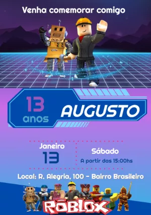 Convite de Aniversário Roblox com Personagens para Editar Online