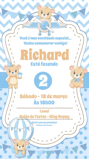 Convite Aniversário Ursinho Aviador para Editar Online