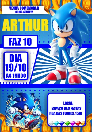 Convite de Aniversário Sonic Clássico para Editar Online
