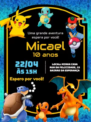 Convite de Aniversário Pokémon com Personagens para Editar