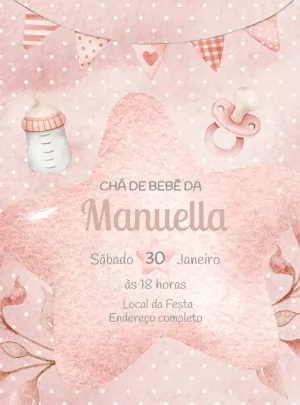 Convite Chá de Bebê Menina Estrela Aquarela para Editar Online