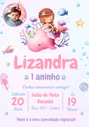 Convite Aniversário Sereia com Foto para Editar Online