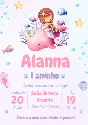 Convite Aniversário Sereia Fofa com Baleia para Editar Online