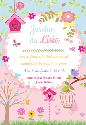 Convite Aniversário Jardim Encantado com Passarinhos para Editar