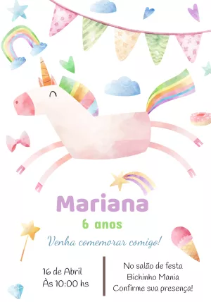 Convite Aniversário Unicórnio Aquarela para Editar Online