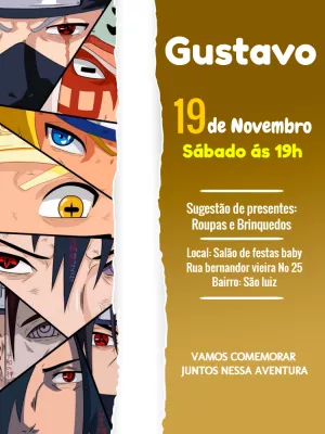 Convite de Aniversário Naruto Editável com Personagens
