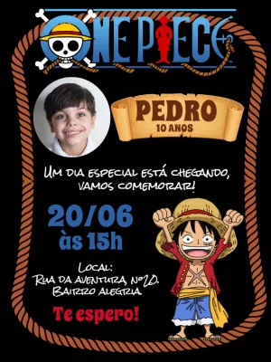 Convite Aniversário One Piece com Foto para Editar Online