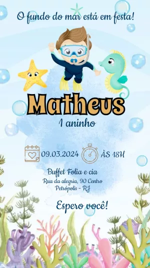 Convite Aniversário Fundo do Mar Menino Mergulhador para Editar