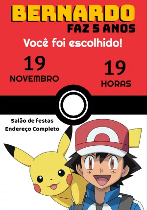 Convite de Aniversário Pokémon Editável com Personagens