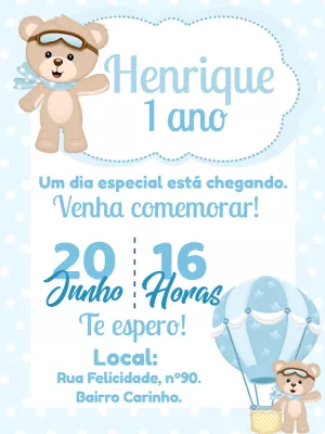 Convite Aniversário Menino Ursinho Baloeiro para Editar