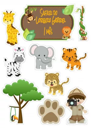 Topo de Bolo Aniversário Safari com Bichinhos para Editar