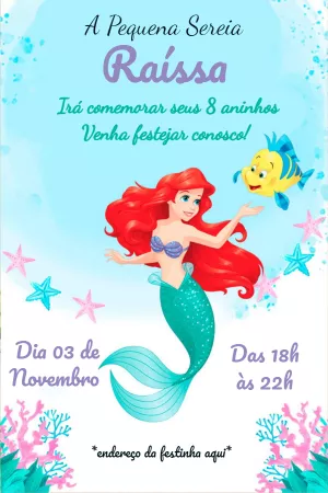 Convite de Aniversário Pequena Sereia Ariel e Linguado para Editar