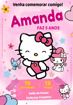 Convite de Aniversário Hello Kitty com Personagens para Editar
