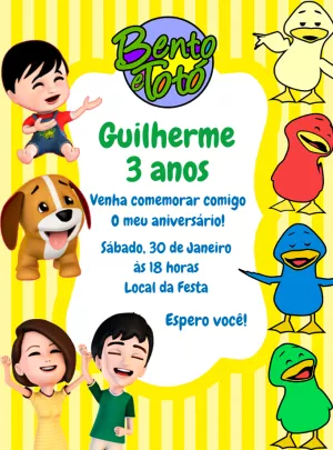 Convite Aniversário Bento e Totó com Personagens para Editar