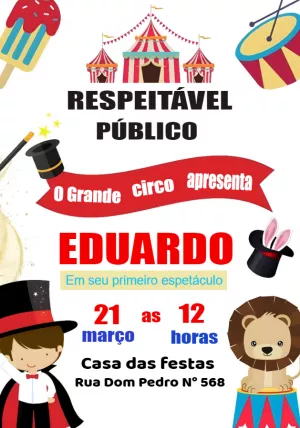 Convite de Aniversário Circo com Mágico para Editar Online