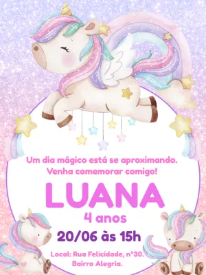 Convite de Aniversário Unicórnio Fofo com Glitter para Editar