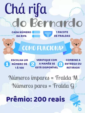 Convite para Chá Rifa Ursinho Azul para Editar Online