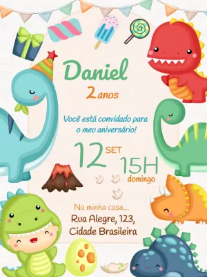 Convite de Aniversário Dinossauros Fofos para Editar