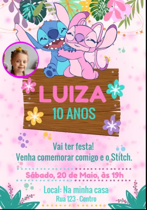 Convite Aniversário Stitch e Angel com Foto para Editar Online