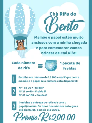 Convite Chá Rifa Ursinho Baloeiro para Editar Online